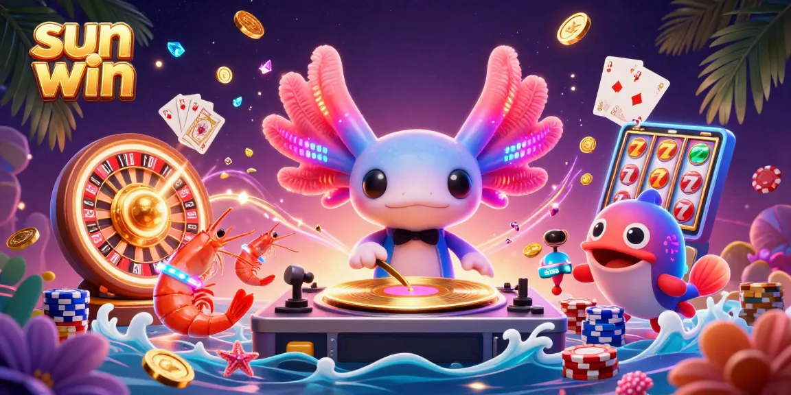 Win big at sun win with vibrant 3D gaming adventure featuring DJ axolotl and colorful casino elements.