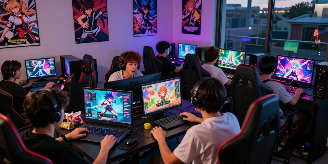 Friends enjoying html ecchi games in a vibrant gaming lounge with lively atmosphere.
