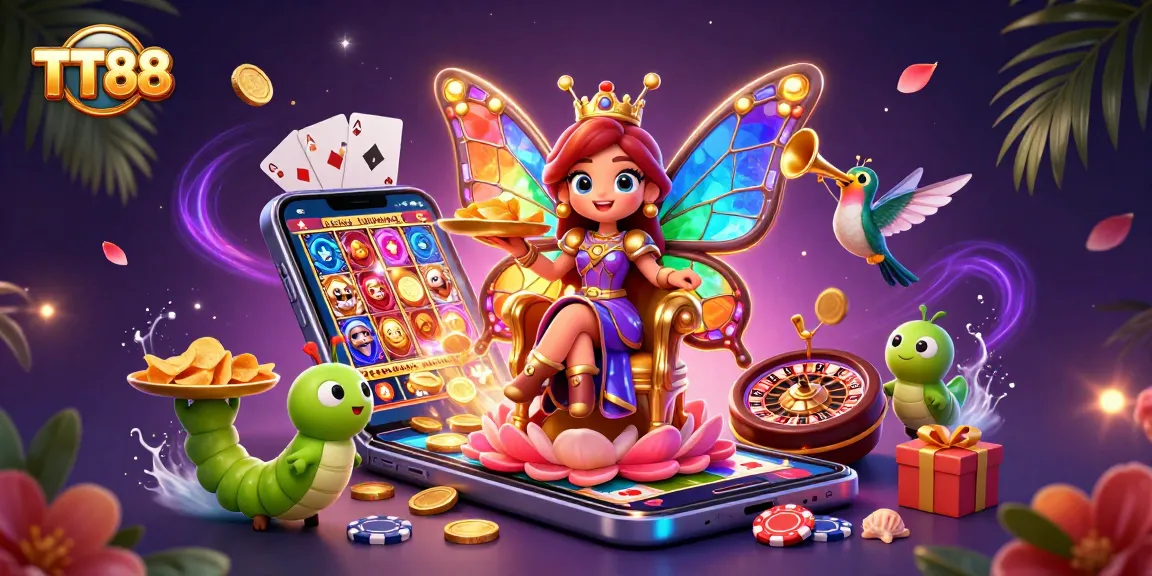 Experience thrilling gameplay with TT88's vibrant casino scene featuring a butterfly queen and dynamic gaming elements.