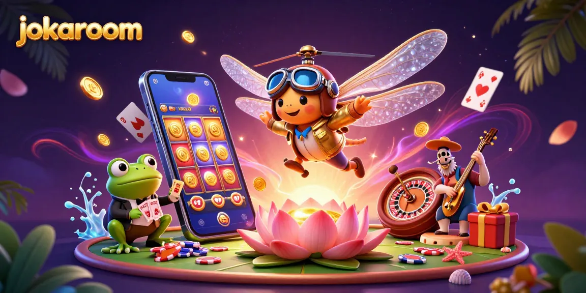 Experience the joy of gaming at jokaroom with a thrilling 3D casino illustration showcasing vibrant casino characters and action.