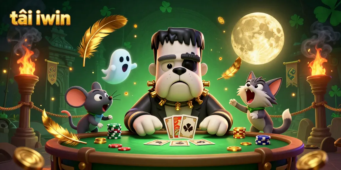 Tải iwin and join the fun at a spooky green casino table with unique characters like a Frankenstein bulldog.