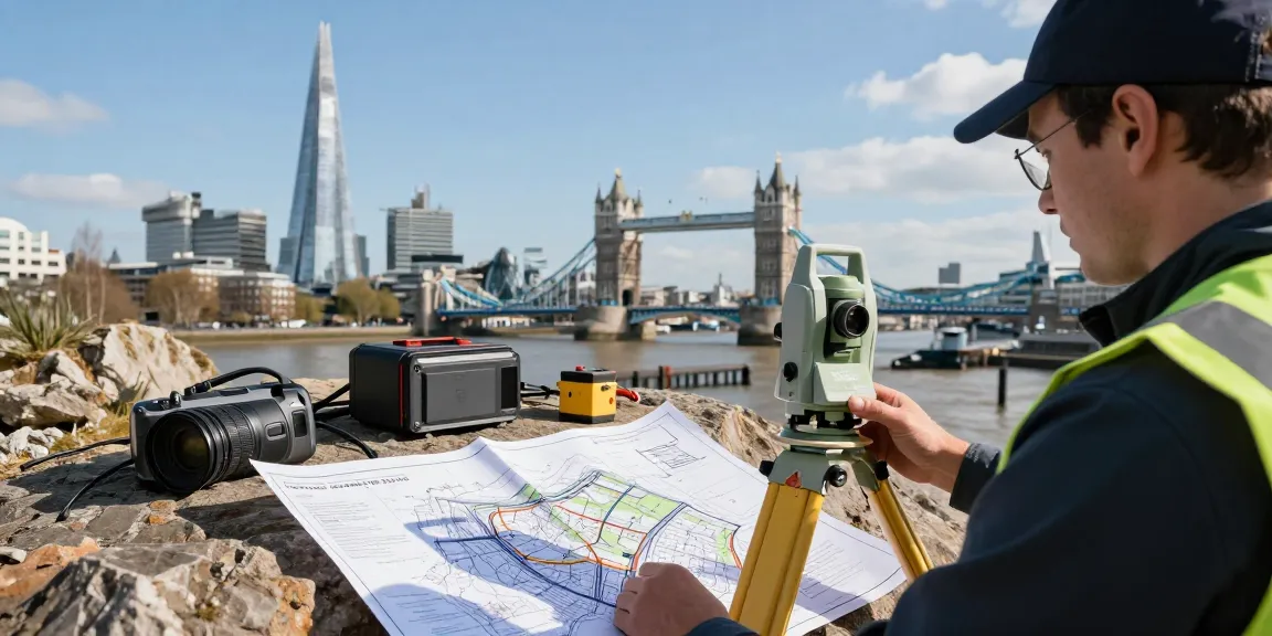 Topographical surveys london with professional surveyor using advanced surveying equipment in an urban setting.