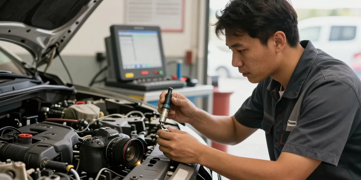 Trusted local auto repair service checking a car's lambda sensor and cabin filter.