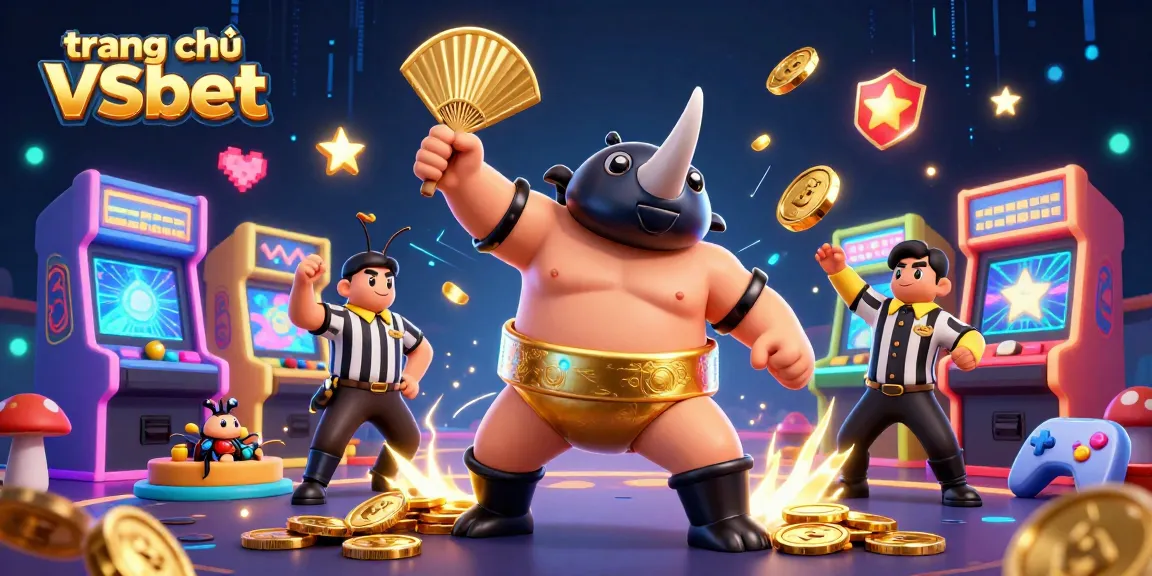 Experience the excitement of trang chủ VSbet with a vivid 3D illustration of game characters and coins.