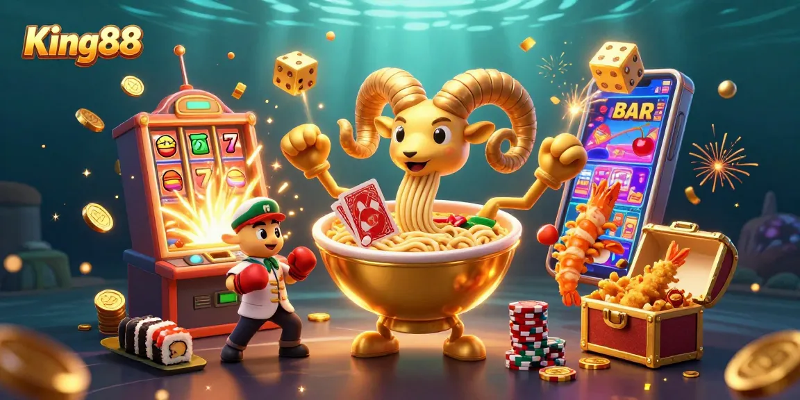 Engage with King88 using a vibrant 3D illustration showcasing playful casino characters, jackpot symbols, and dynamic game elements.