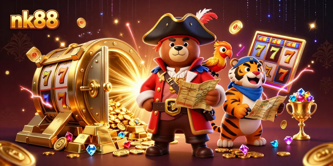 Spin the reels at nk88 with a captivating scene featuring a pirate bear, tiger, and treasure, perfect for gaming!