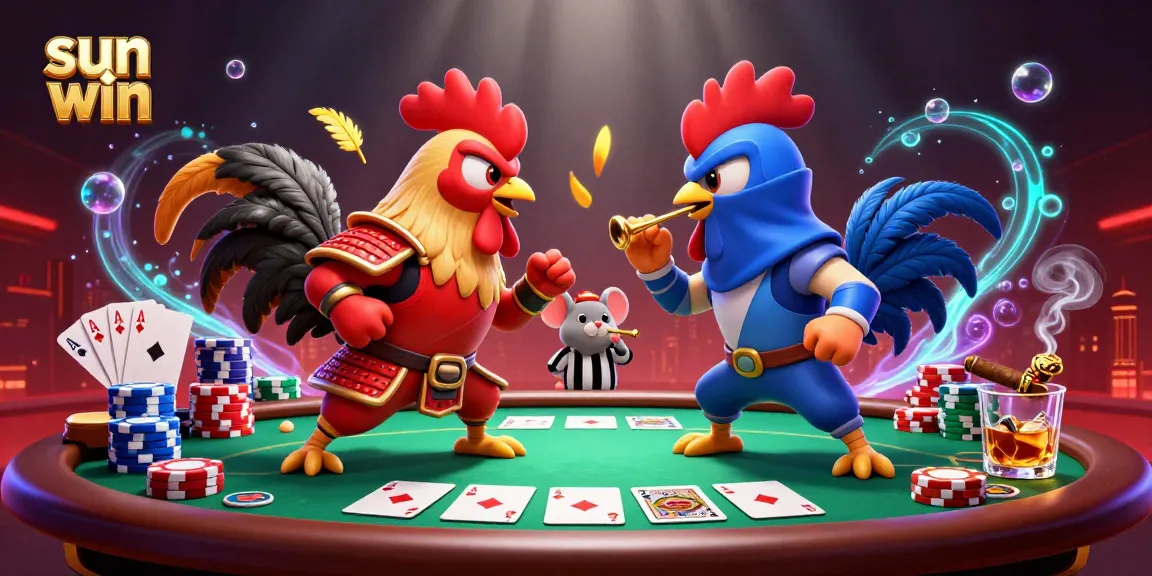Explore the dynamics of sun win with a dramatic standoff between rooster warriors in a vibrant casino scene.