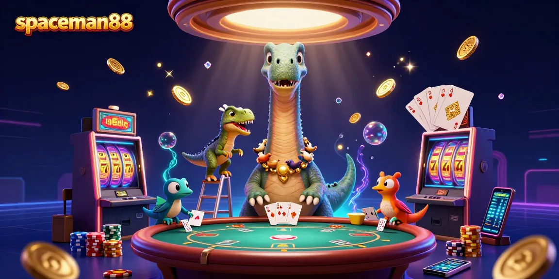 Experience thrilling gameplay with spaceman88, showcased by a cartoon dinosaur and raptor in a vibrant casino scene.