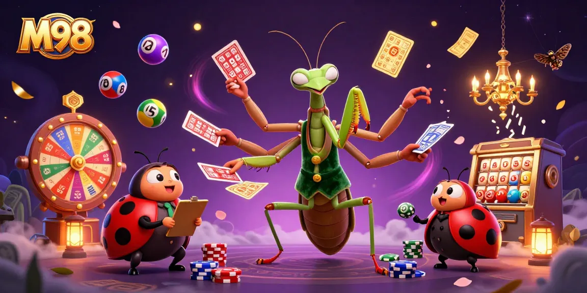 M98 showcases a vibrant casino scene with a mantis card sharp and ladybug pit boss managing excitement.