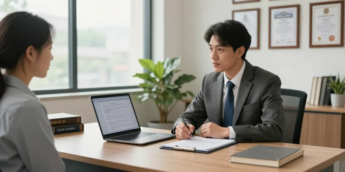 Lawyer providing super fast reply in modern office during legal consultation.