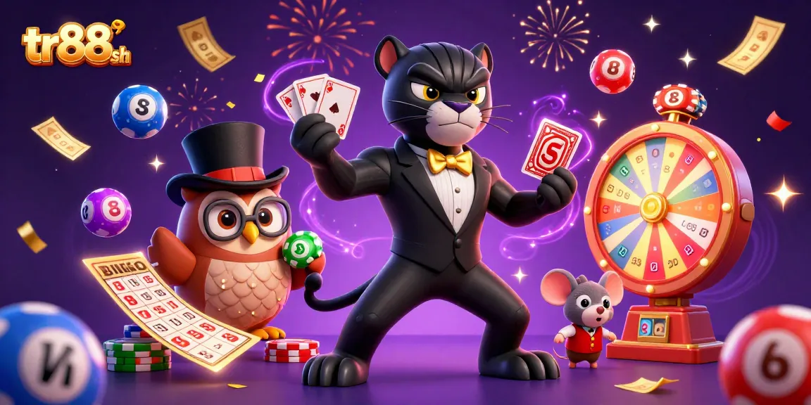 Engaging TR88 sh casino scene with a panther dealer, owl, and mouse amidst dynamic lottery elements.