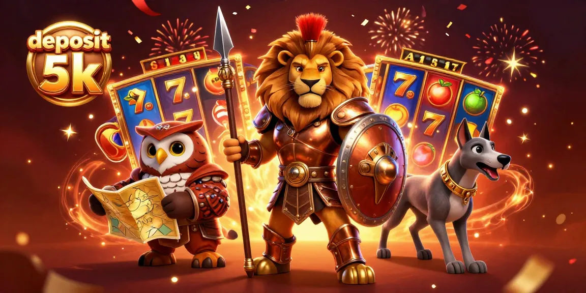 Engage with deposit 5k slots featuring a courageous lion, wise owl strategist, and swift greyhound in a vibrant casino scene.