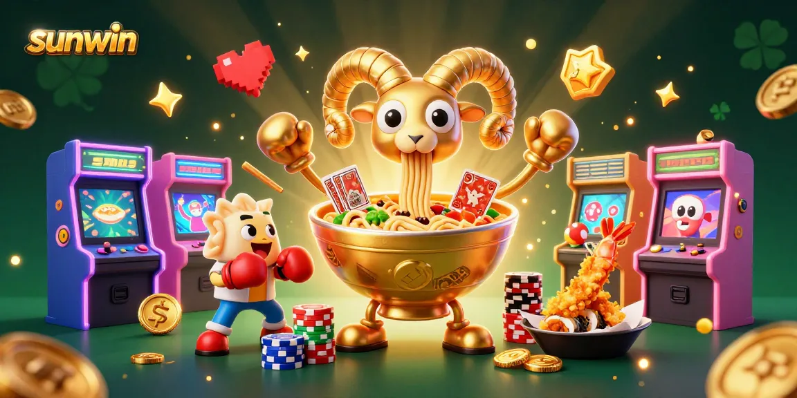 Experience thrilling gaming at sunwin with a dynamic scene of a giant ramen bowl dealing cards amidst colorful casino elements.